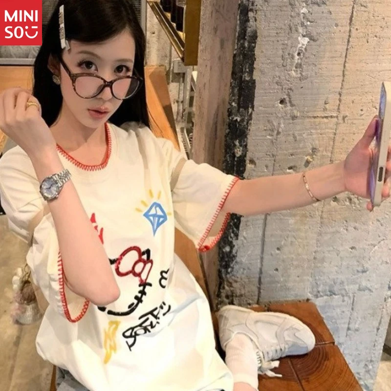 

Miniso 2025 Crystal Embroidery Tee, Color Block Cotton Top for Women