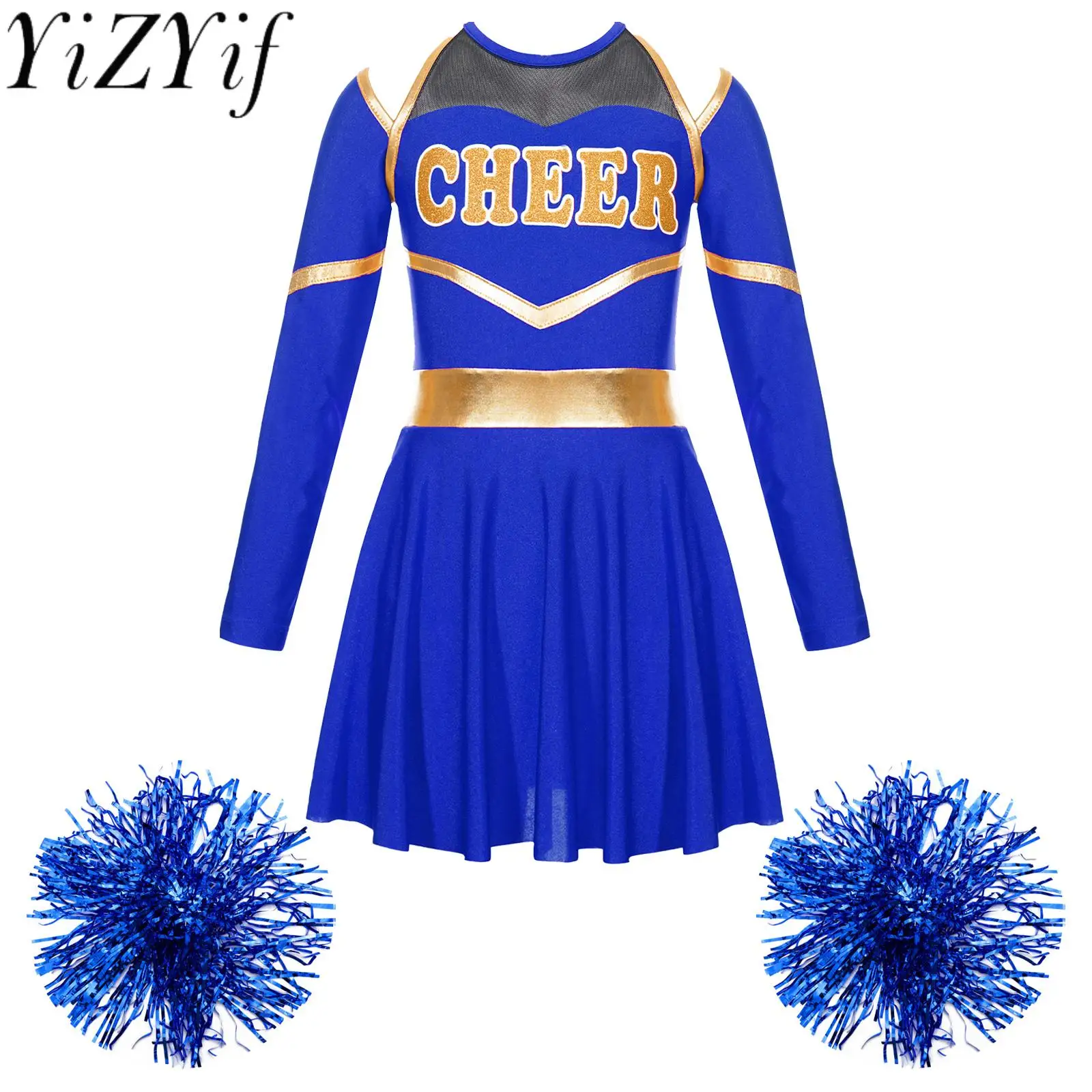 

Girls School Cheer Applaud Outfits Long Sleeve Letter Print Leotard A-line Mini Dress 1 Pair Tassel Hand Flowers Cheering Set