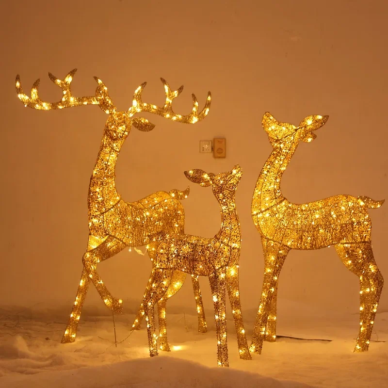 Metal Deer Figurine Trio with Cart Weather Resistant Iron Yard Decoration for Front Porch Lawn Garden Pathway Snow Setting