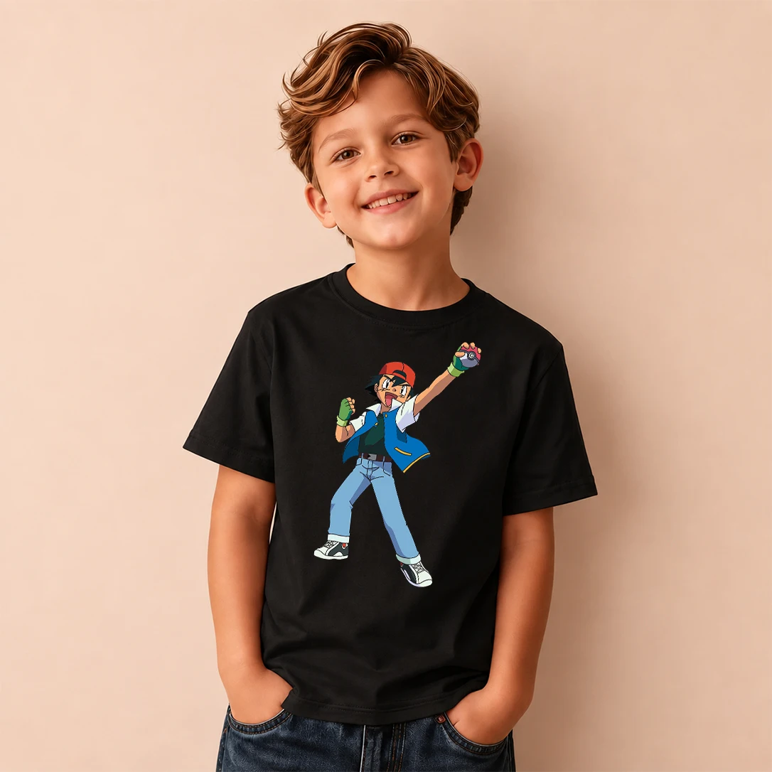 Kids Pokemon Ash Ketchum Print Short Sleeve T-Shirt Boys Cartoon Graphic Casual Tee Children Holiday Present