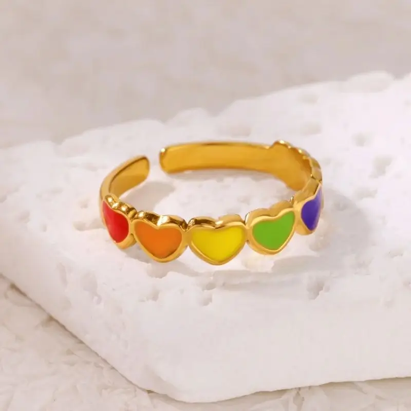 

Punk Rainbow Oil Dripping Heart Open Rings for Women Stainless Steel Gold Color Ring 2025 Fashion Trend Wedding Couple Jewelry