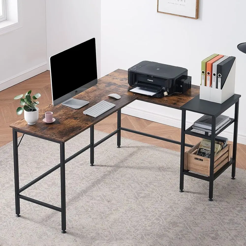 

59 Rustic L-Shaped Desk with Storage, Movable Shelf, Home Office Workstation