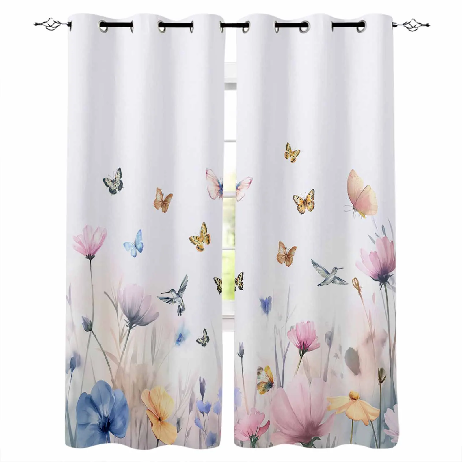 Butterfly Hummingbird Flower Watercolor Blackout Curtains For Living Room Bedroom Window Treatment Blinds Drapes