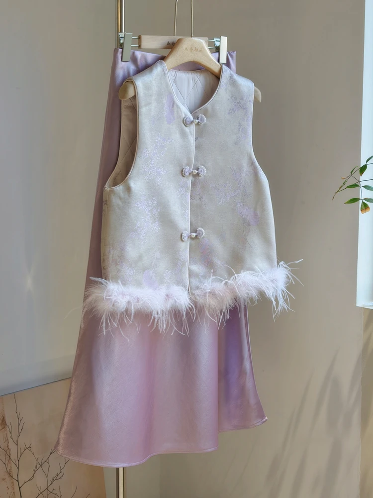 

Серебристо-фиолетовый жилет Ele с перьями страуса в китайском стиле, женская верхняя одежда премиум-класса для молодых моделей, модный укороченный фасон