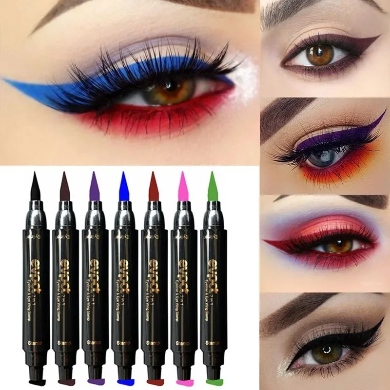 2 in 1 vloeibare glitter eyeliner stempel dunne afdichting make-up zwart rood groen sneldrogend eyeliner potlood 7 kleuren blauw bruin rokerige ogen
