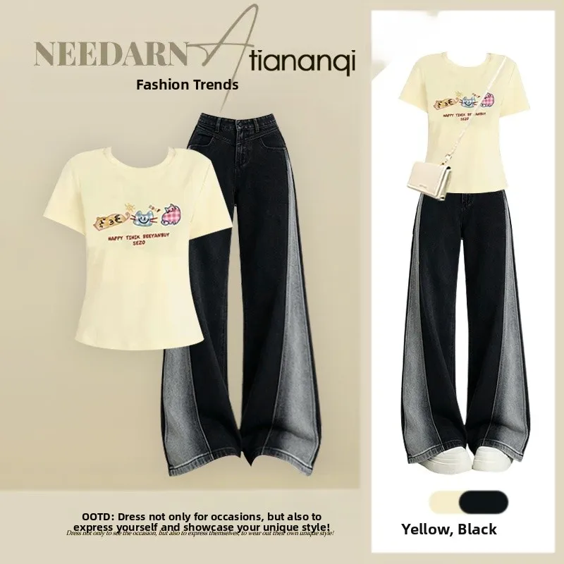 Dopamine Style Unique Yellow Cartoon Print Top High Waist Denim Pants Two Piece Set Age Reducing Fashionable Women's Outfit