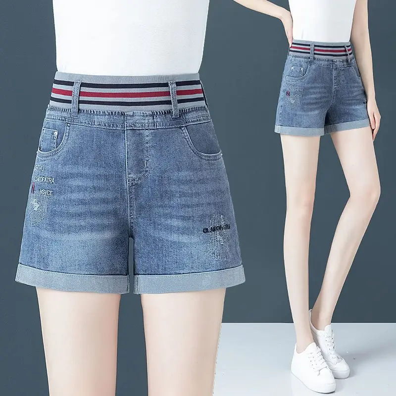 Summer striped contrasting color denim shorts women loose rolled edges casual slim elastic and high waisted wide legs jeans