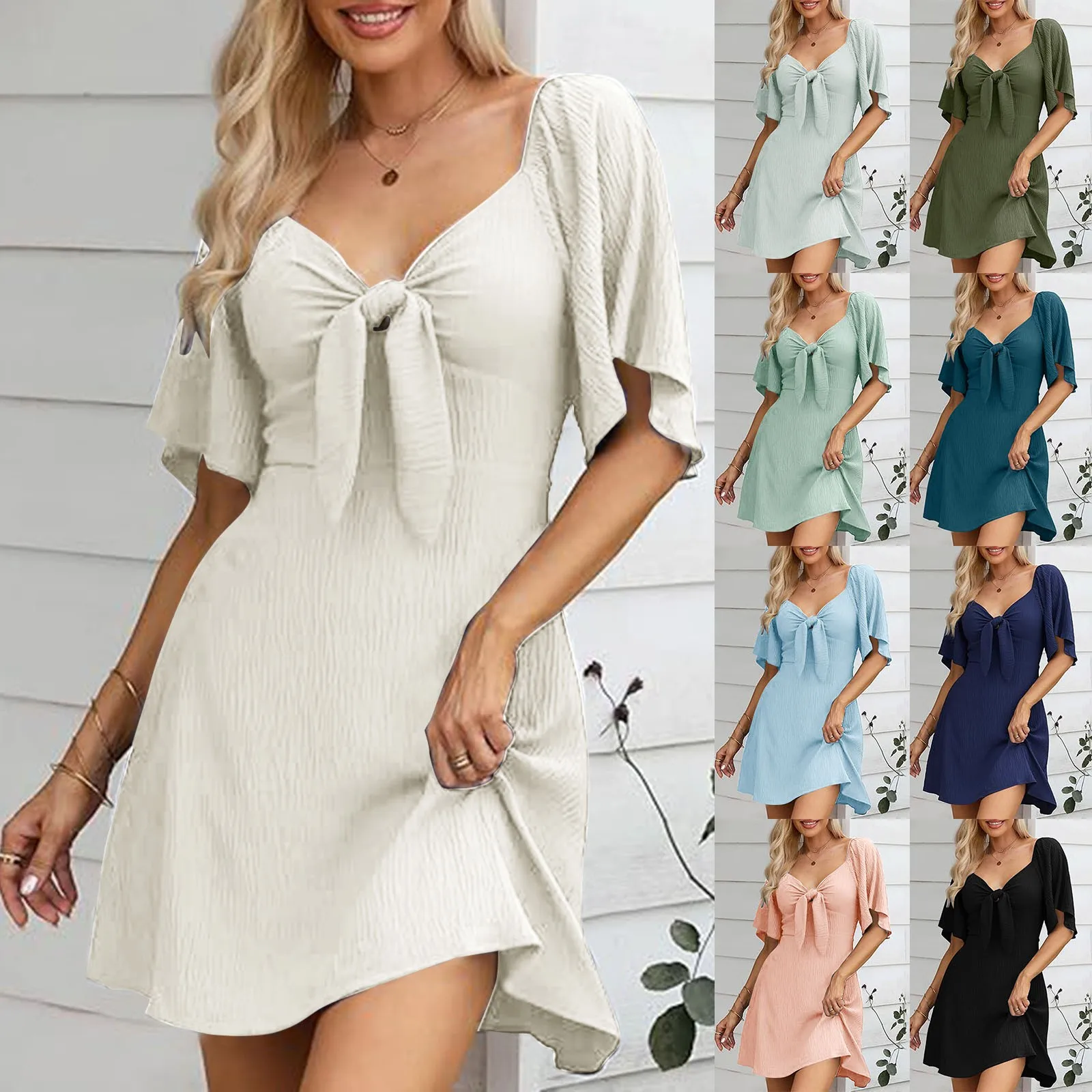 

2024 New Summer Elegant Bow Tie Mini Dress V-Neck Puff Sleeve Casual Solid A-line Mid-Calf Length Female Dresses Women Vestidos