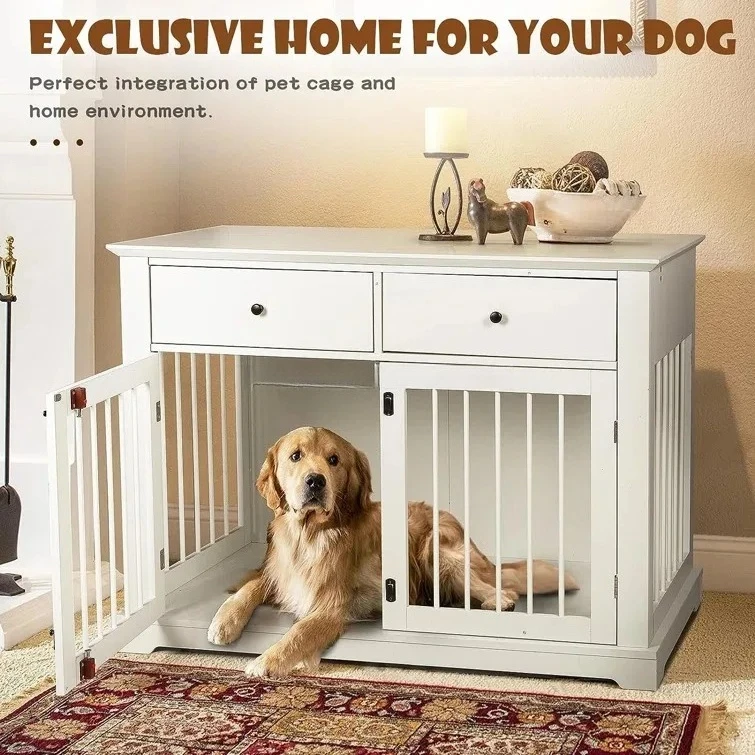 

Indoor Dog House With Two Doors And Lock, With Storage Drawers And Large Tabletop Dog Cages