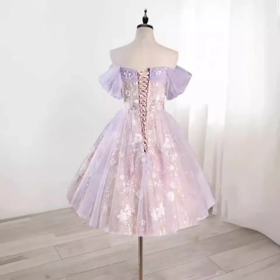 F2148 Aangepaste Korte Paarse Galajurken 2025, Zoete Geheugen Elegante Vrouwen Sweetheart Geborduurde Kant Afstuderen Feestjurk