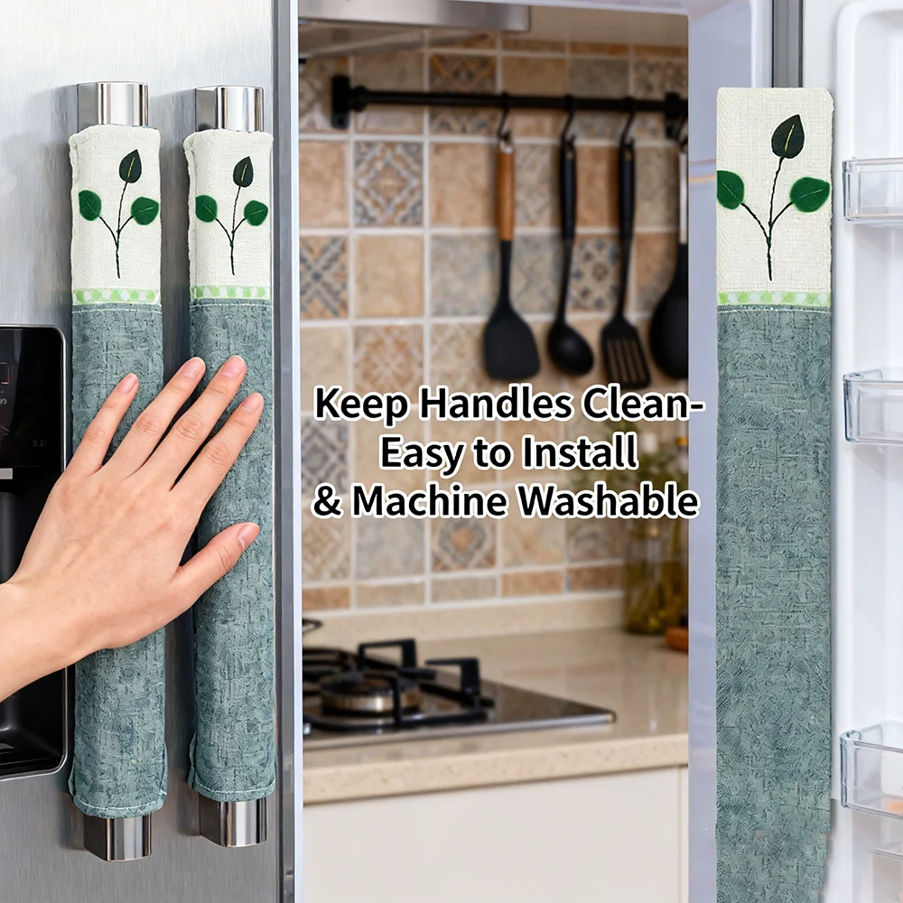 Green Leaf-Shaped Refrigerator Handle Dust-Proof and Stain-Proof Protective Cover, Convenient and Reusable, Suitable for Double-Door Refrigerators, Microwave Handles, and Oven Handles