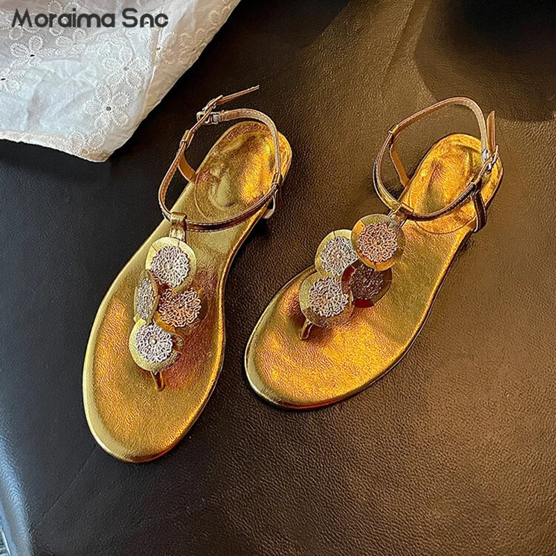 

Flower Thong Flat Sandals Summer Retro Gold Leather Round Toe Open Toe Shoes Fashion Casual Temperament Women's Sandals
