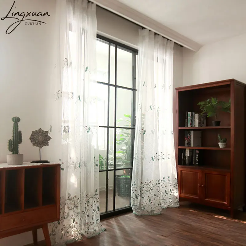 Pastoral Embroidery Tulle Window Curtains For Living Room Floral Sheer Voile Curtain For Bedroom Kitchen Drapes Blinds Customs