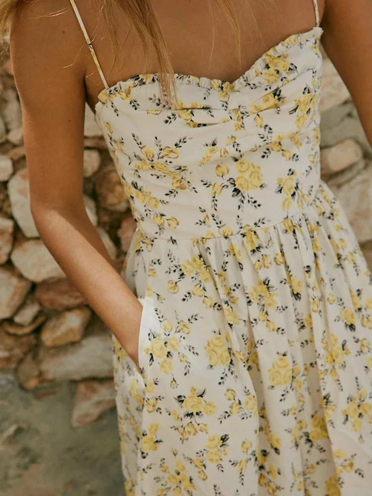 

Сексуальное летнее новое поступление, женское платье Dr ZA2025, шелковое газовое платье миди с цветочным принтом, платье на бретельках для женщин, этнический сценический костюм