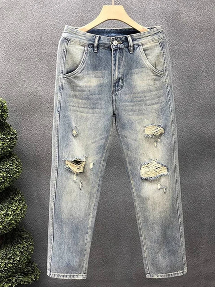 

Ретро-джинсы в американском стиле для мужчин: новые летние свободные прямые брюки-харланы, повседневные, дышащие, комфортные, с прямыми штанинами