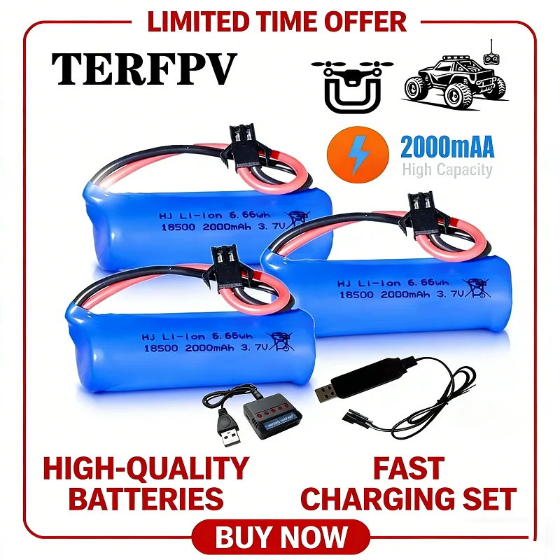 Li-Ionen-Akku 3,7V 2000mAh mit SM-Stecker und Ladegerät, geeignet für RC-Spielzeug, Driftautos, Boote, Flugzeuge, RC-Stunt-Dumper, Funkgeräte 18500