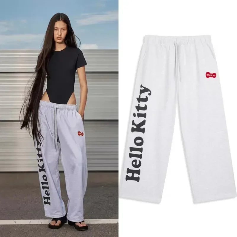 Niche 2024 Autumn New Cartoon Girl Hellokittys Joint Letter Bow Print Sweatpants Anime Kawaii Straight Casual Sweatpants Gifts