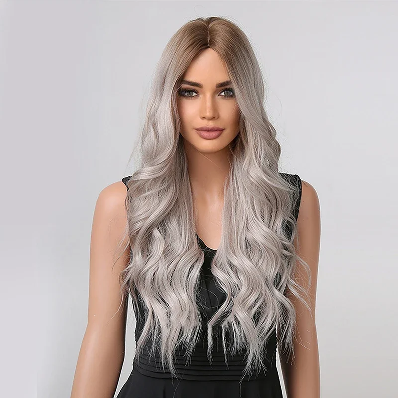 26-дюймовый синтетический парик с волнистыми вьющимися волосами и модным средним градиентом цвета подходит для повседневного женского использования на вечеринке.