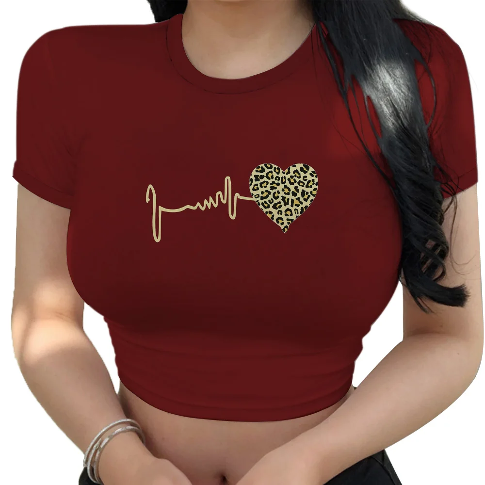 Summer Women's Crop Top Heartbeat Graphic Short Sleeve Girls Casual Clothes Woman Basic T Shirts Tee Female T-shirt Streetwear