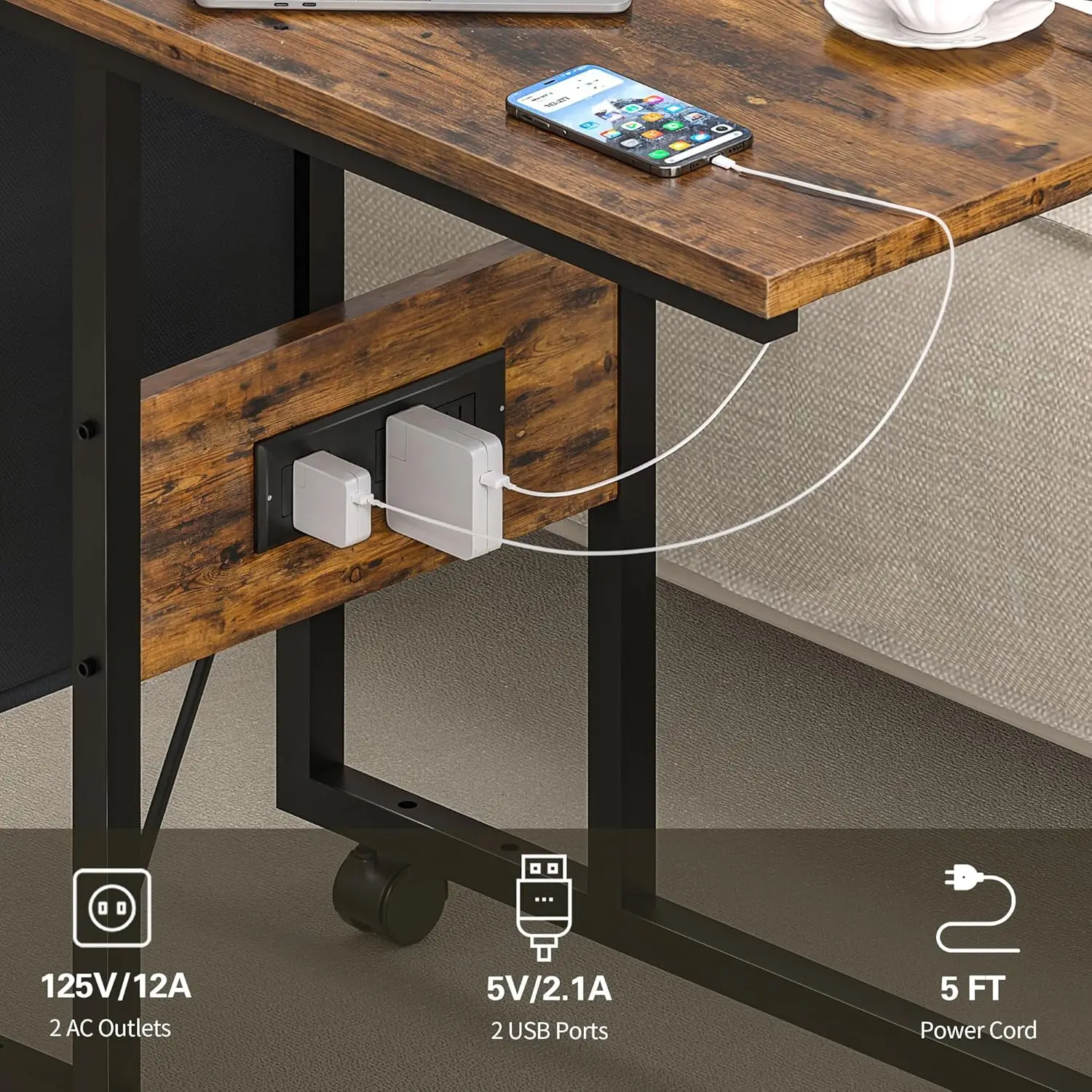 2-Piece Industrial Style Coffee Table Set - 31.5"/20" Adjustable Height Side/End Tables with USB Ports & Wheels