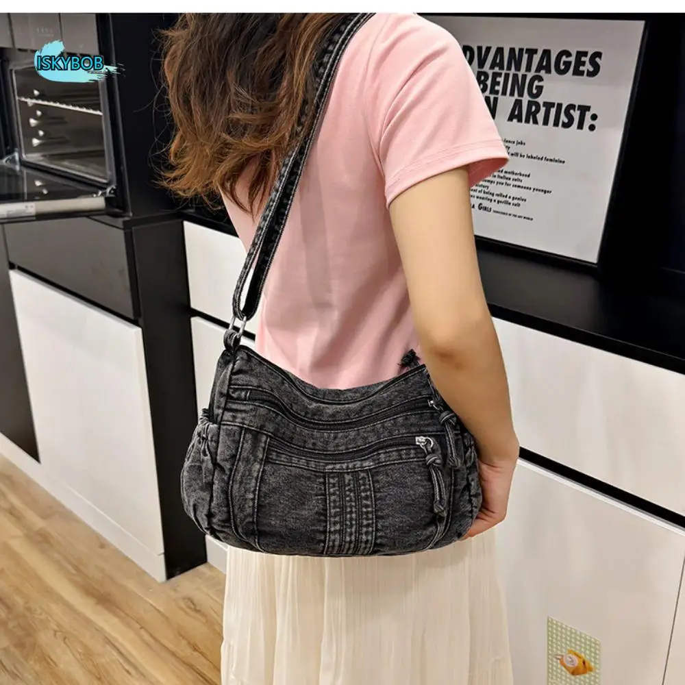 

Джинсовая ковбойская сумка через плечо в стиле ретро, большая вместительная женская сумка на молнии подмышками, парусиновая женская сумка с регулируемым ремешком, повседневная одежда