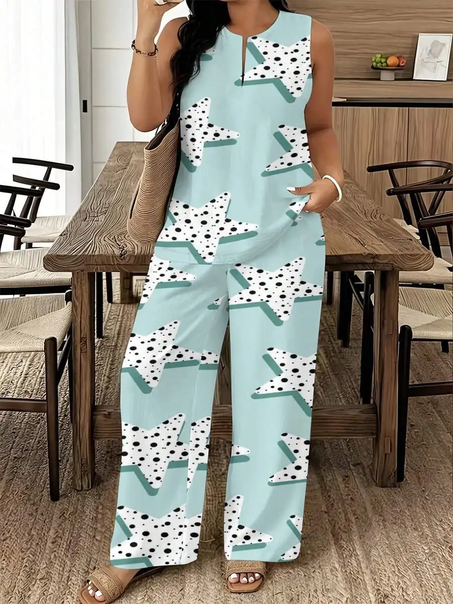 

Womens Star Print Sleeveless Vest And Wide Leg Pants Two Piece Set Summer Casual Outfit