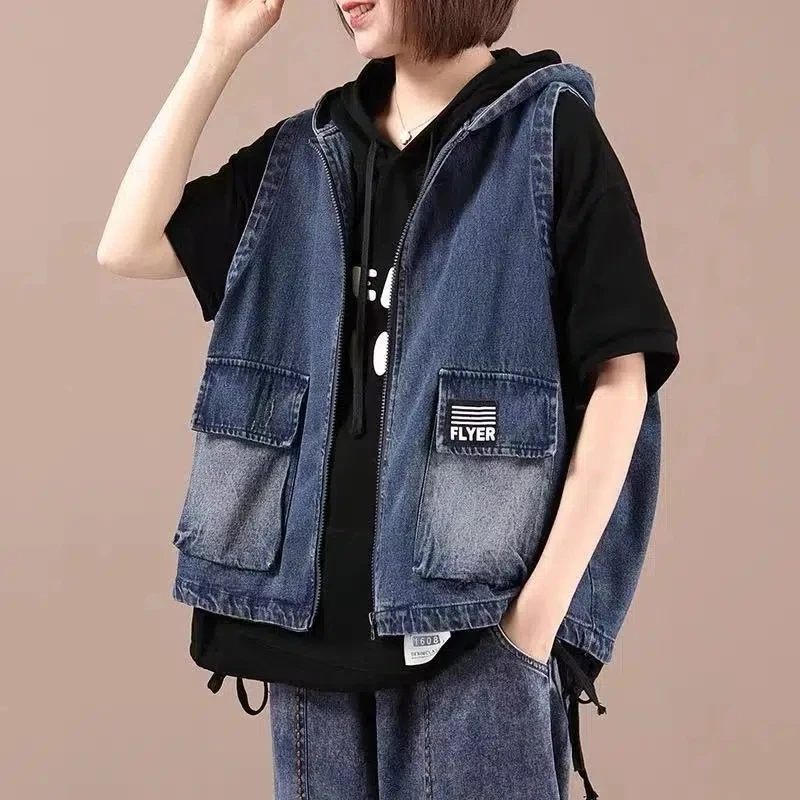 

Casual Boyfriend Hooded Denim Vest Women Oversize Loose Sleeveless Jean Jackets 2023 Summer Streetwear Pocket Cowboy Clothes