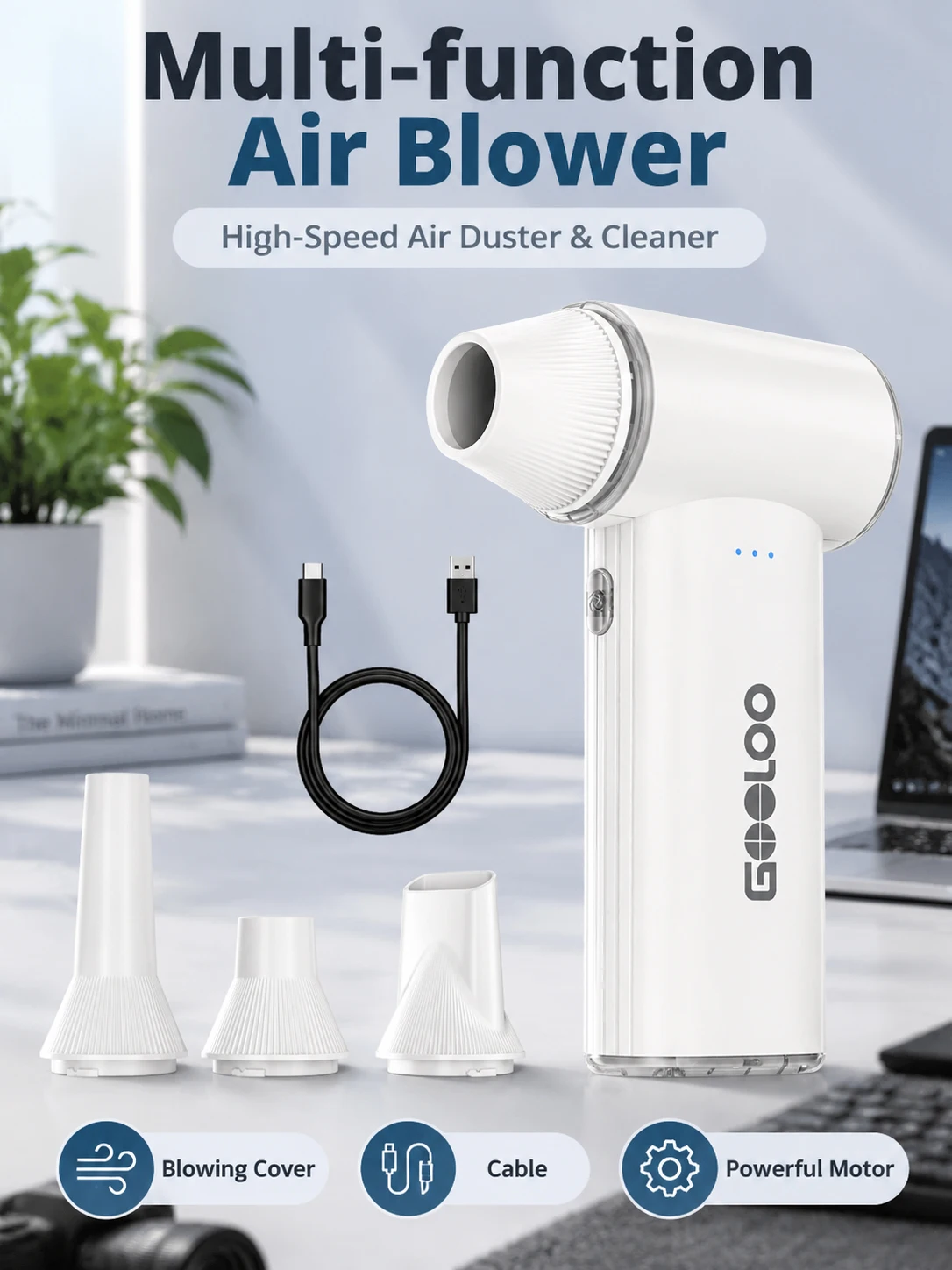 GOOLOO F3 Electric Air Duster, 150000RPM Super Power, Great Cleaning Helper Rechargeable Air Blower with 3 Speed Modes, Type-C Fast Charging, Equipped with 4 Nozzles. Ideal for Cleaning PC, Car Interior, Keyboard and More. 0.45lb, White