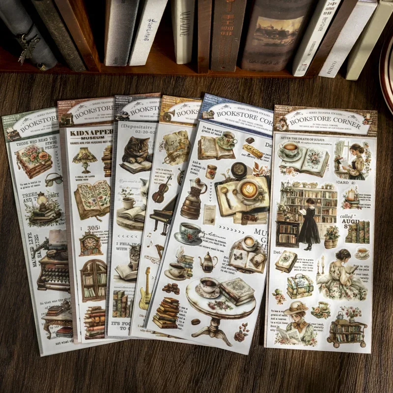 

2PCS Old Bookstore Stickers Scrapbook Cat Daily Reads Transfer Books Light Stationery Stickers Supplies Background Handbook
