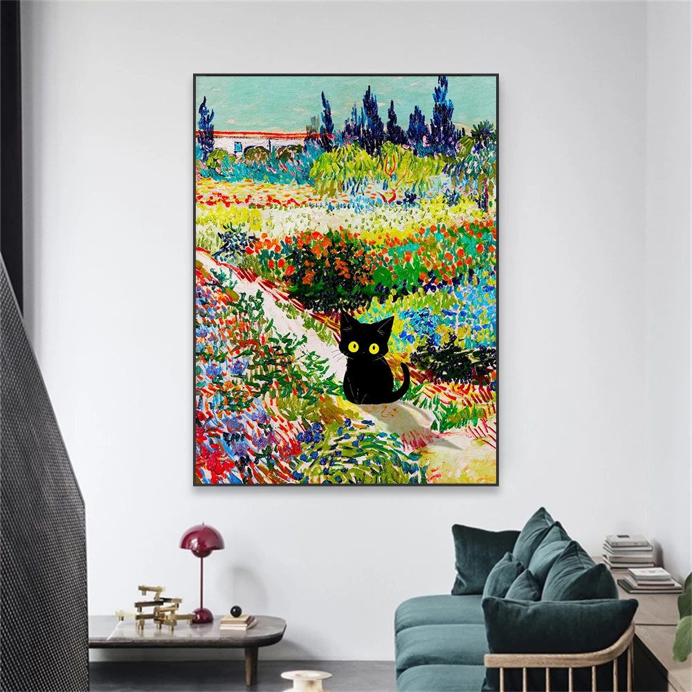 Cartoon Cat Oil Painting Prints Retro Van Gogh Garden at Arles Poster Cute Cartoon Animal Cat Wall Art Canvas Painting Art Decor