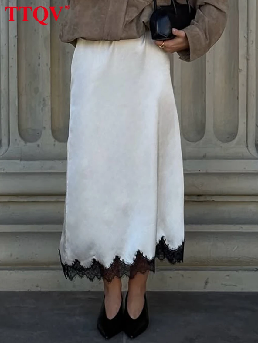 

TTQV Fashion Loose White Satin Women's Skirt 2026 Casual High Waist Long Skirts Elegant Lace Spliced Skirt Female Clothing