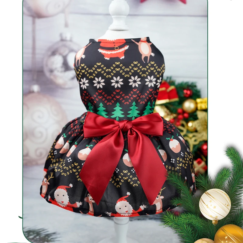 Fashion Dog Clothes Christmas Dog Dresses Cute Bow Puppy Skirt Sweet Print Cat Princess Dress Chihuahua Clothes Soft Pet Costume