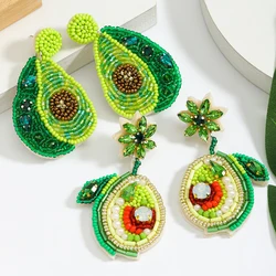 Vedawas Beaded Rhinestone Avocado Drop Earrings,Lovely Bohemian Handmade Rice Bead Leaf Flower Holiday Party Women Accessories