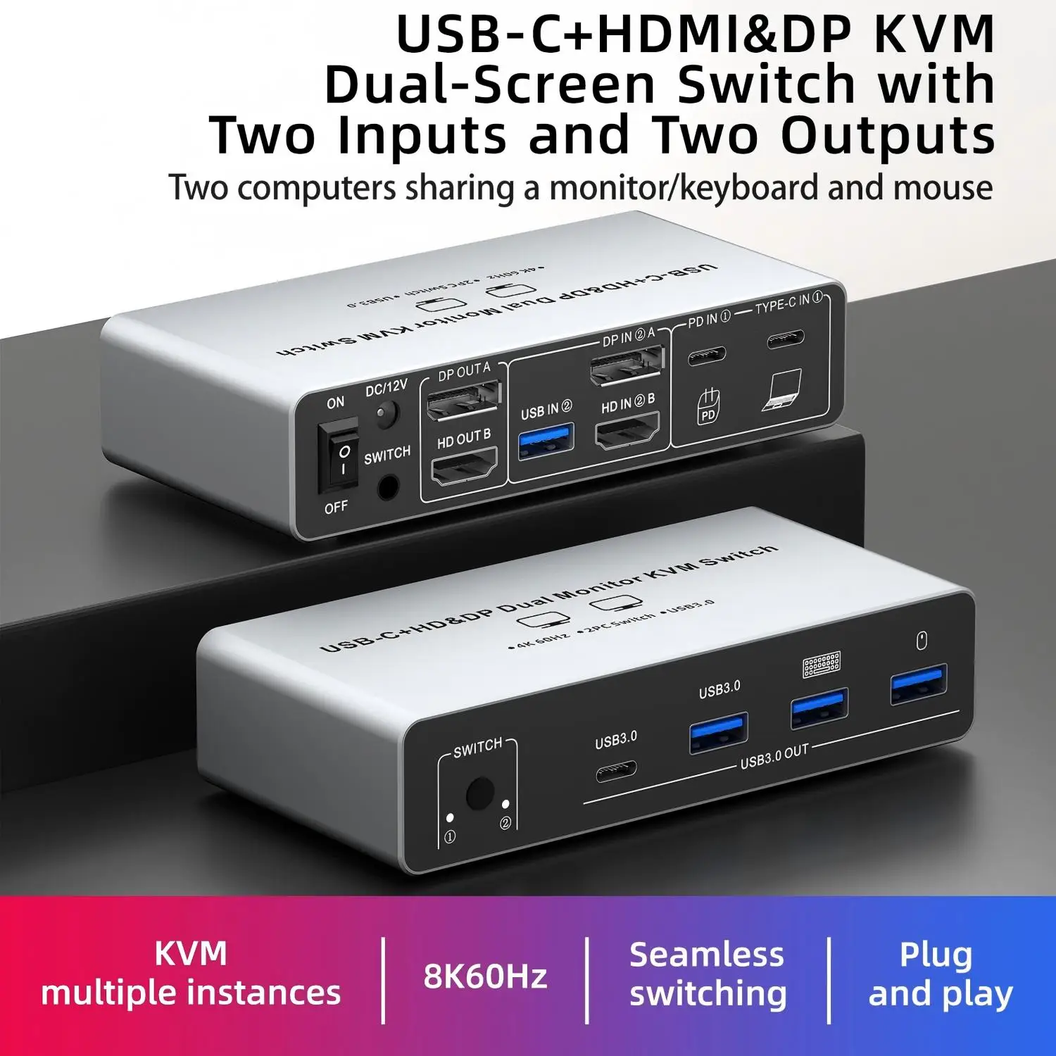 

USB C HDMI DP KVM-переключатель 2 монитора 2 компьютера, 4K при 60 Гц двойные мониторы KVM-переключатели для 2 ПК/ноутбуков Share Mouse Keyboard PD 100 Вт