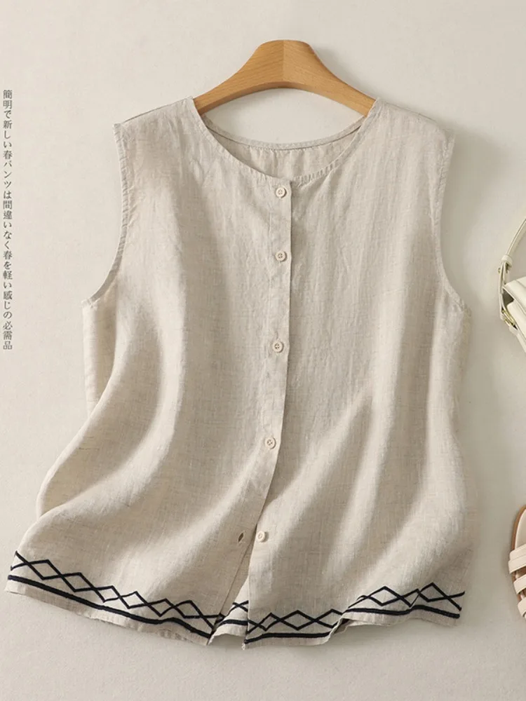 Artistic Embroidered round Neck Linen Sleeveless Shirt Women Summer Front Back Two Wear Slimming Cotton Linen Open Cardigan T...