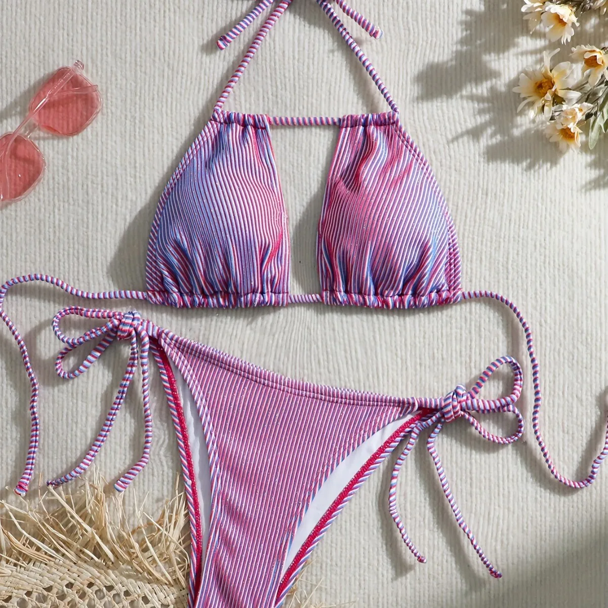 

Glitter Striped Triangle Bikini Women Tie Side Bathing Suit