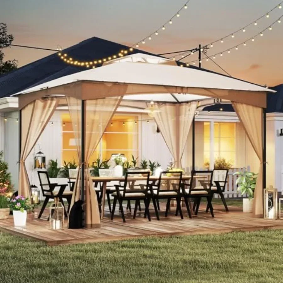 Outdoor Gazebo with Netting Double Roof Patio Shelter with 4 Sandbags Zippered Doors Heavy-Duty Metal Fe Metal Patio Gazebo for