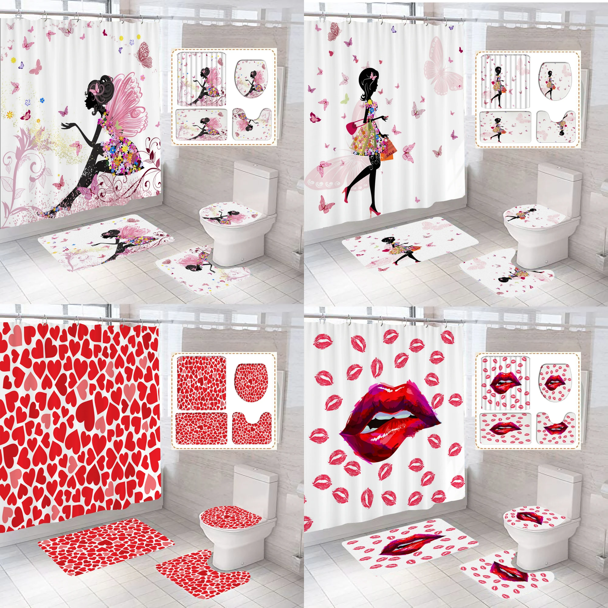 

Pink Butterfly Flower Girl Print Shower Curtain with Hooks, Bathroom Mat Set Anti-slip Bath Carpet Lover Valentines Home Decor