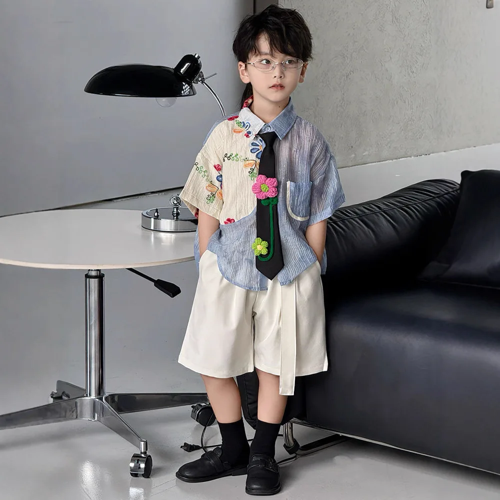 Boys Suit 2026 Spring and Summer New Childrens Wear Korean Boy Baby Matching Color Embroidery Shirt Tie Shorts Three-piece Set