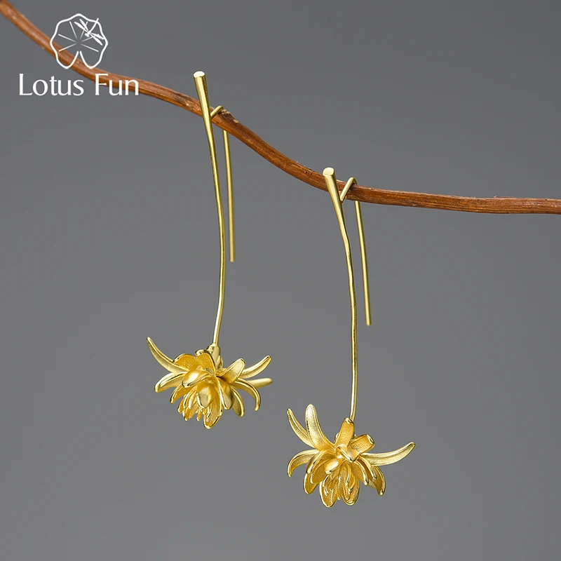 

Lotus Fun 18K Gold Night-Blooming Cereus Flower Long Dangle Earrings for Women 925 Sterling Silver Original Luxury Fine Jewelry