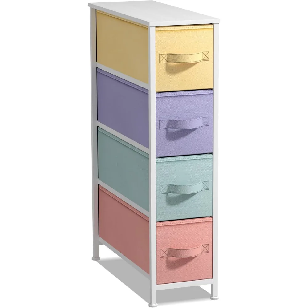 

Kids Narrow Dresser with 4 Drawers - Vertical Slim Storage Chest of Drawers with Steel Frame, Wood Top & Easy Pull Fabric Bins