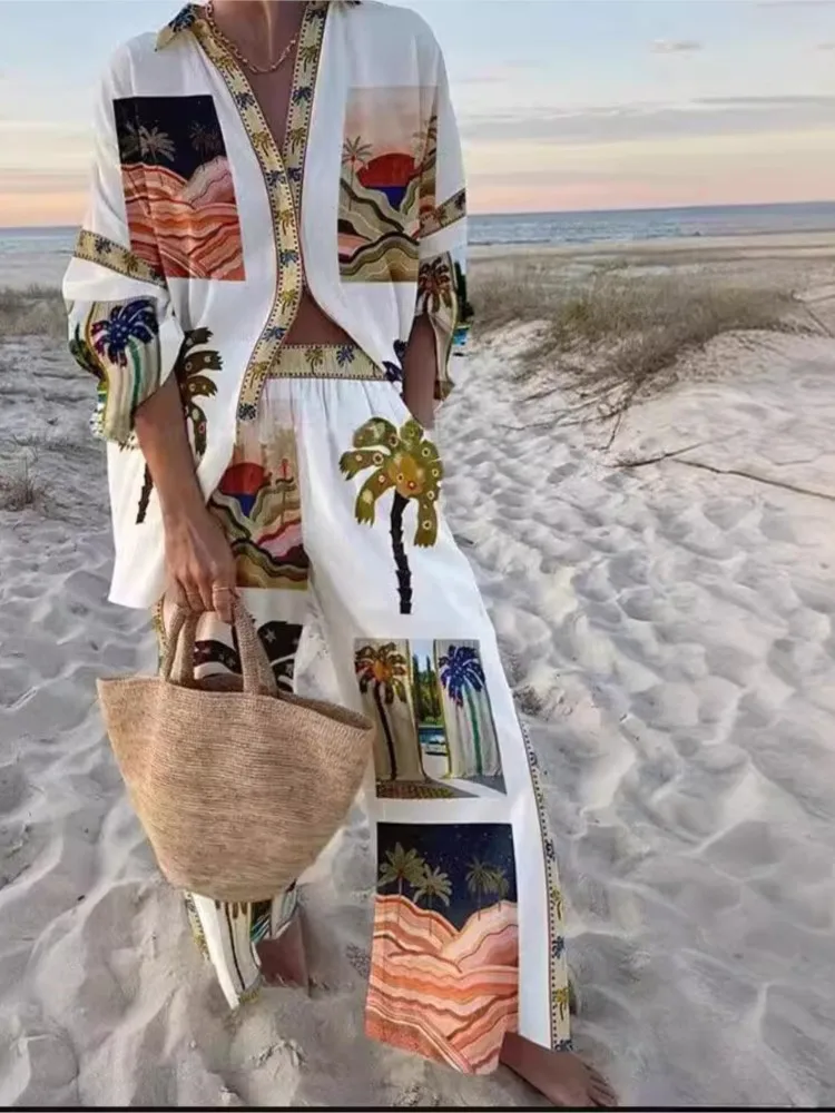 Casual Printed Two Piece Set Women Spring Summer New Fashion Comfort Holiday Button Long Sleeve Shirts And Wide Leg Pants 2 Sets