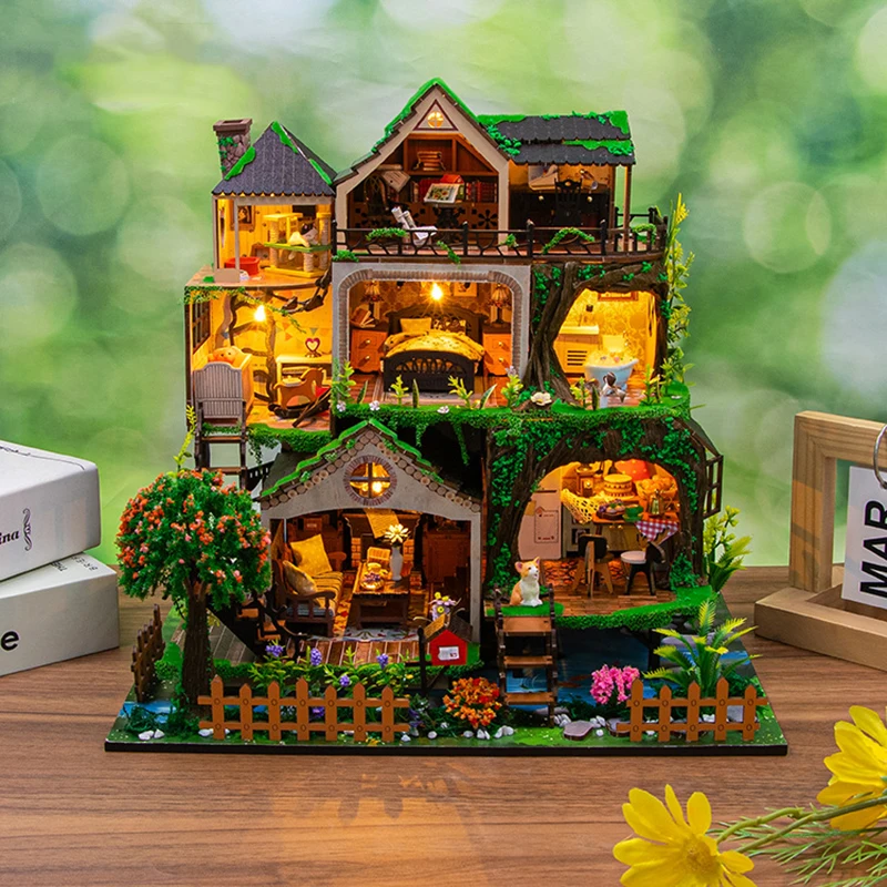 

DIY Wooden Dollhouse 3D Forest Fairytale Castle Miniature with Furniture Kit Assemble Toys for Children Adult Birthday Gift Casa