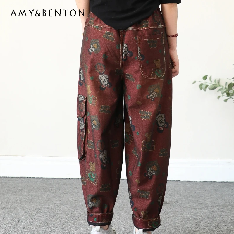 

American Retro Patchwork Cartoon Print Jeans Loose Large Pocket Drawstring Nine-point Harem Pants Kawaii Denim Trousers Female