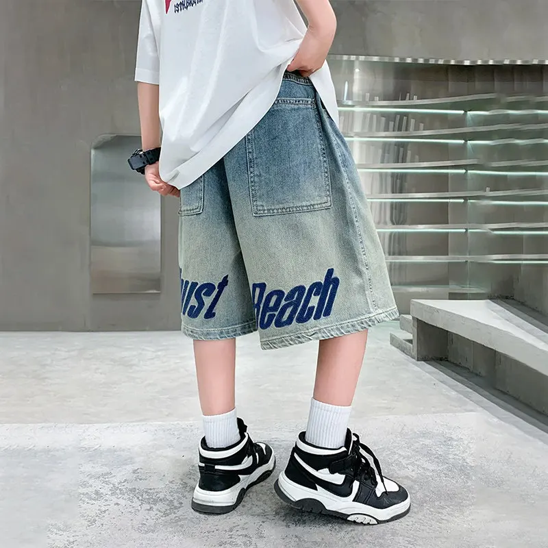 Kids Boys Korean Style Relaxed Fit Denim Shorts with Letters for Tweens Child Casual Straight Jeans Capris Calf Pants Age 4-14Y