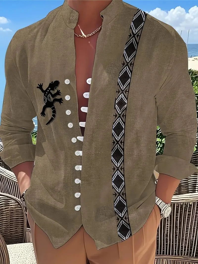 Men's Long Sleeve Shirt New Printed Button Shirt Fashion Loose Men's Shirt Casual Clothing Muslim Men's Clothing.