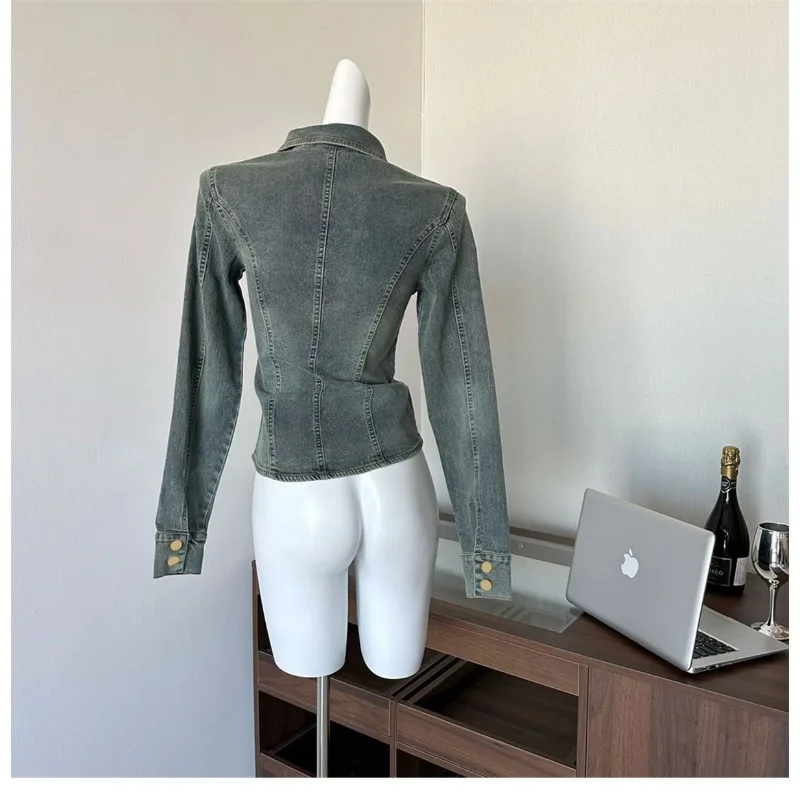 American Vintage Blue Vintage Polo Collar Denim Shirt for Women Spring Autumn Jeans Jacket High-end Slim-Fit Top Long Sleeve New
