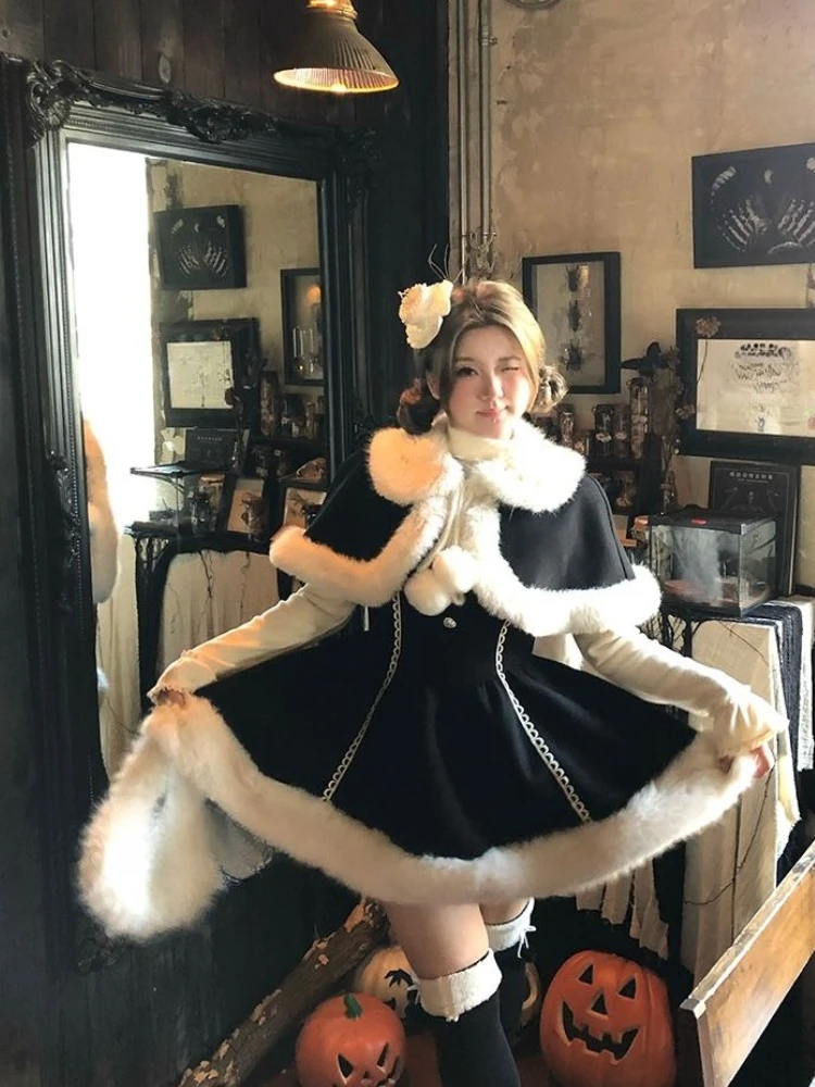 

Kawaii Lolita Coat Three-piece Women Casual Elegant Coat + Tops + Mini Dress Pure Color Japanese Outwear Christmas Winter Warm