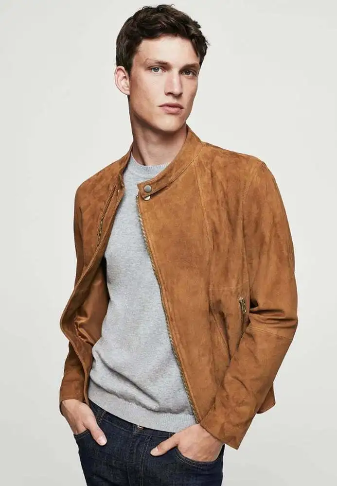 

Men's Real Sheepskin Brown Soft Suede Jacket Bicycle Body-fitting Jacket European and American Fashion Trend