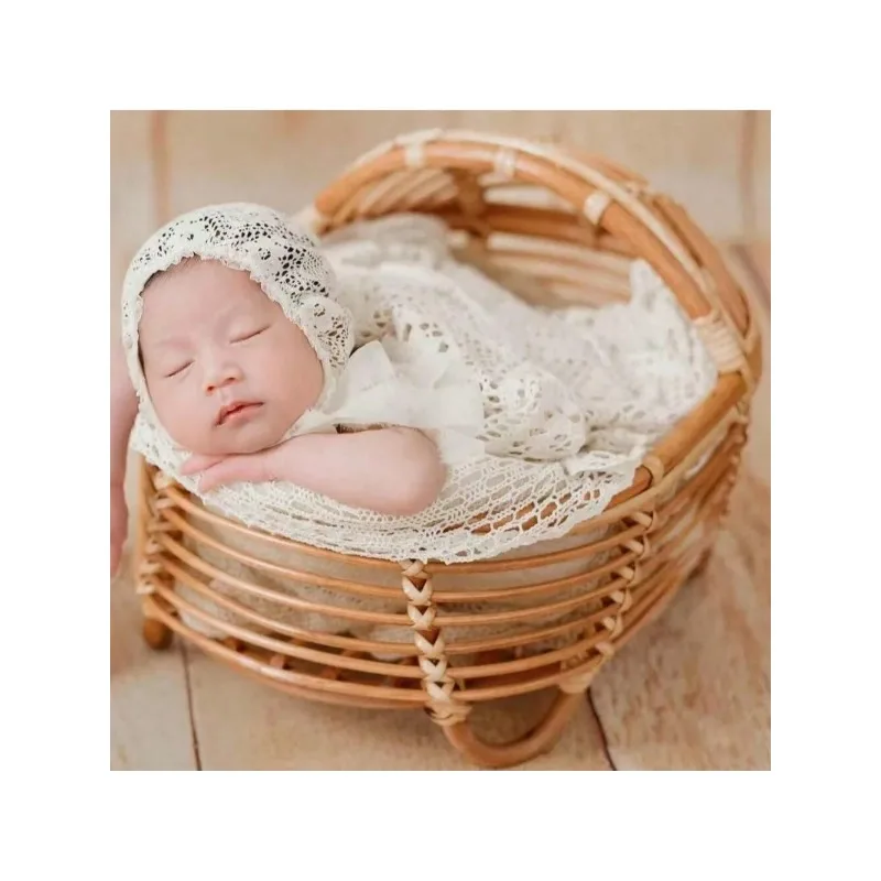 Handmade Brown Rattan Bed & Basket - Newborn Photography Props Practical Baby Furniture & Cherished Growth Souvenirs for Shoots